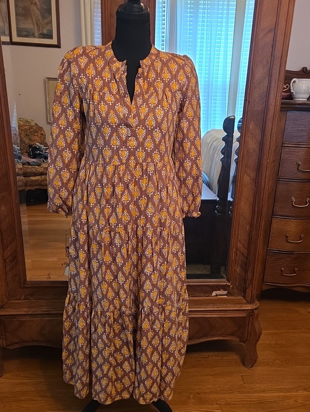 Women's Mustard Floral Maxi Dress with Long Sleeves